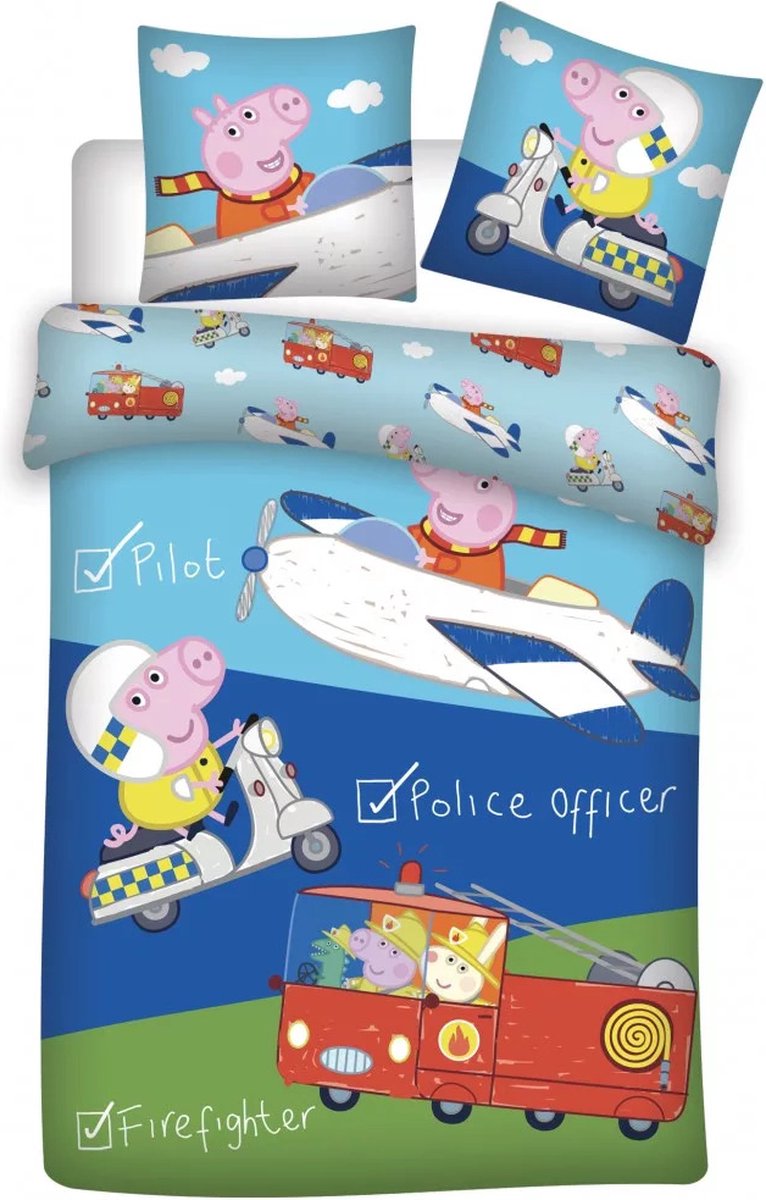 Peppa Pig Baby Dekbedovertrek Politie, Piloot en Brandweerman - 100 x 135 cm + 40 x 60 cm